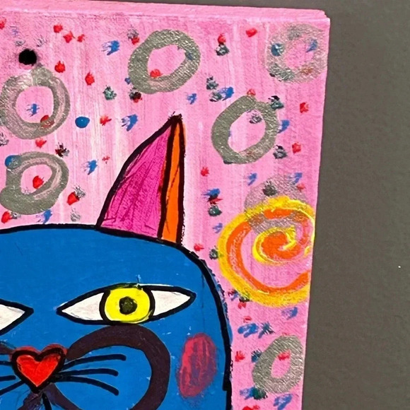 Cat Painting On Wood Nursery Pink Pop Art 9 X 7.5 Whimsical Swirls Dots Fun - Picture 4 of 15